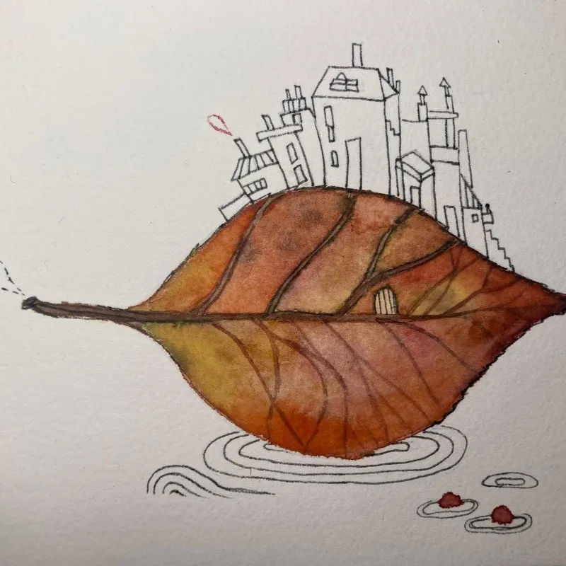 Illustrazione ad acquerello di una foglia che porta con sé una piccola città